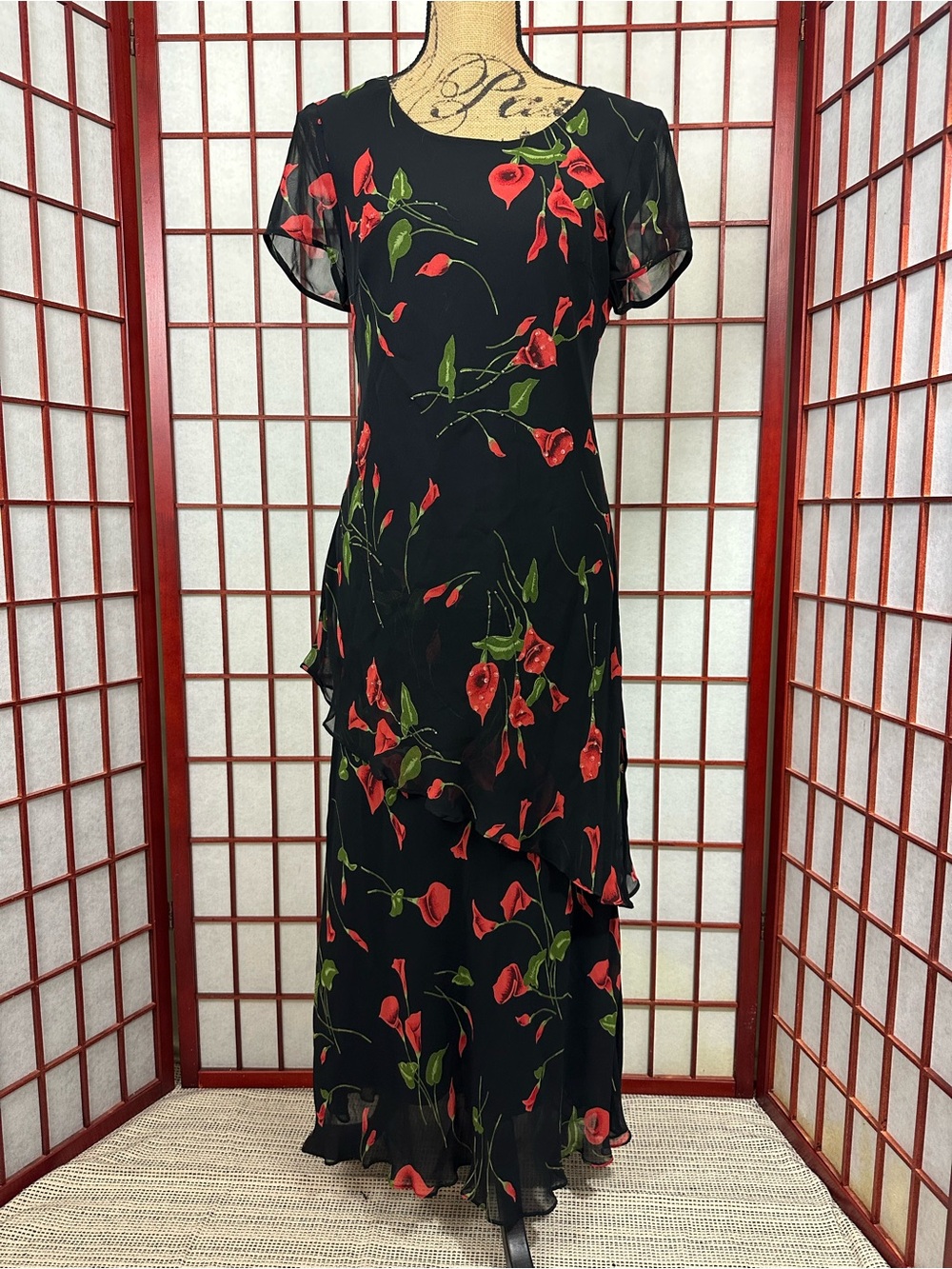Y2K Black Elegant Formal Black Red Floral Tiered Beaded Maxi Dress